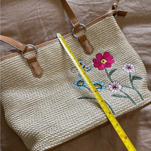 Floral Embroidered woman’s Tan woven Tote Bag - Picture 14 of 16